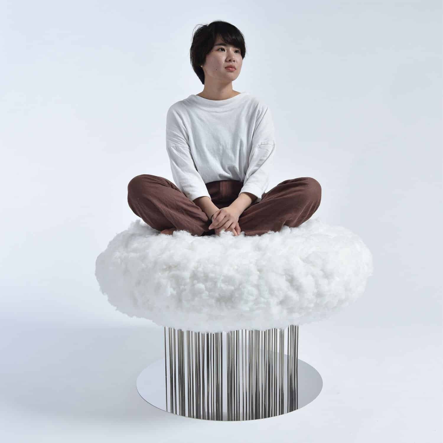 Thoughtful woman sitting on a fluffy white cloud with a barcode base.