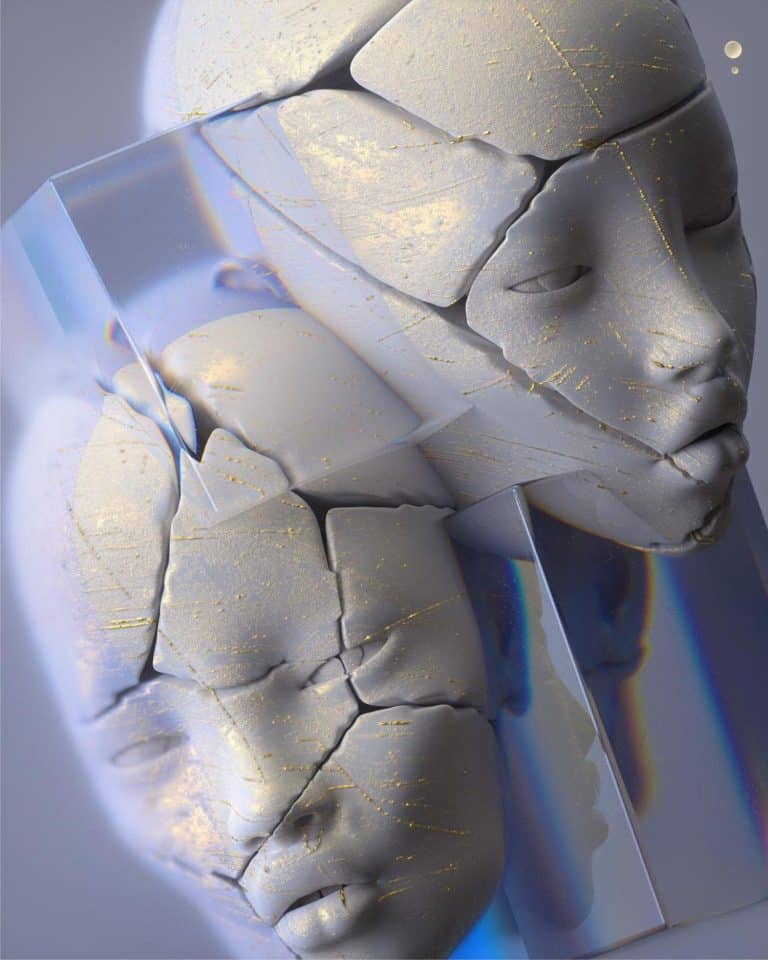 Smeccea Takes Viewers Into A 3-D Realm Of Fantasy And Self Meditation Futuristic resin art sculpture of two faces with gold accents and holographic effects.