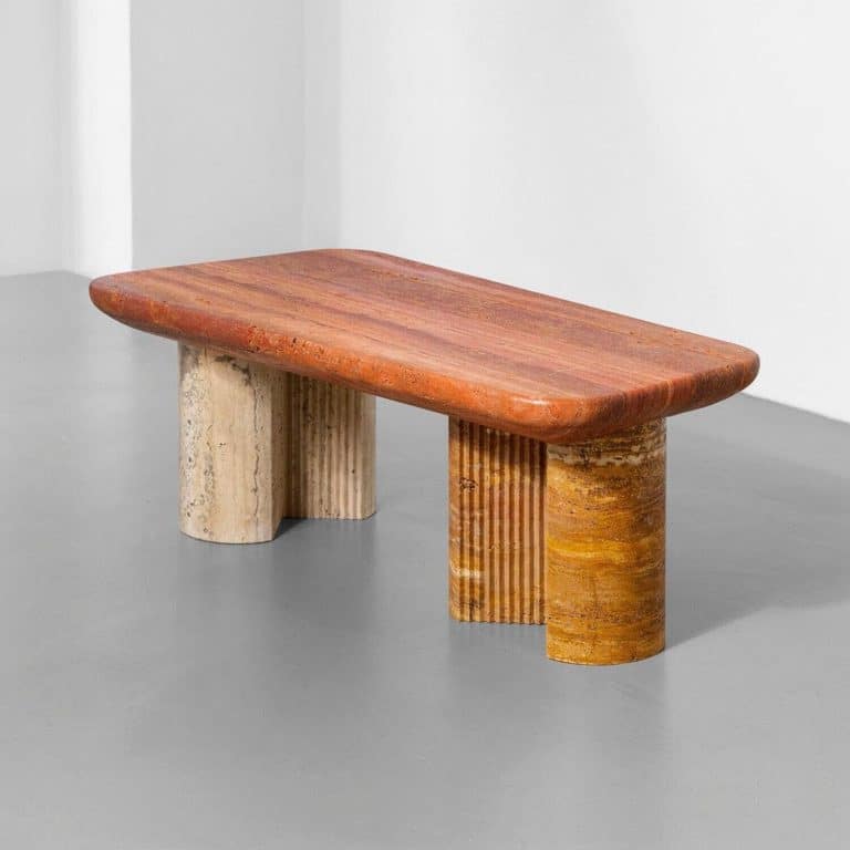 Sophie Dries Gives The Substance To The Aesthetic And Technical Innovation Rustic wooden bench with colorful cylindrical legs, modern minimalist furniture piece, artisan design, natural wood textures, contemporary decor.