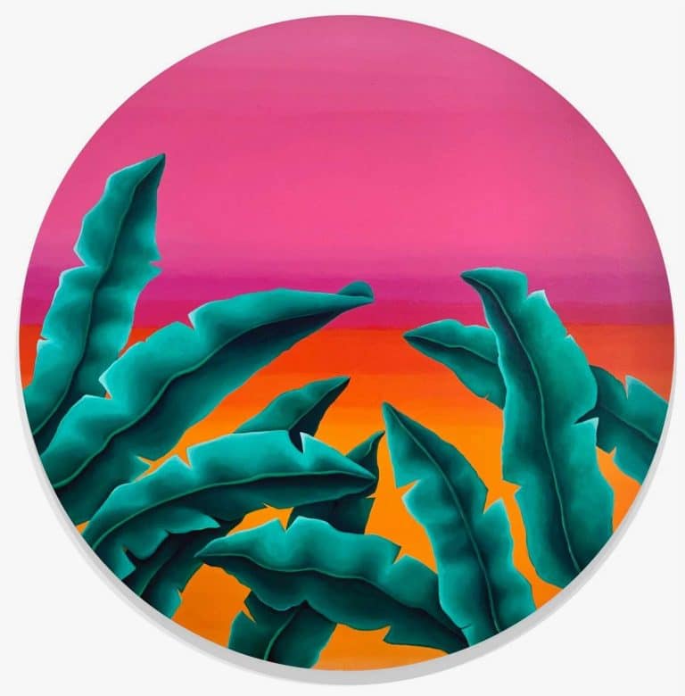 Spencer MAR Guilburt Defines The Art Form Of Daily Visual Escapism Vibrant tropical leaves illustration against a colorful sunset background.