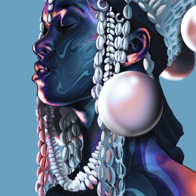 Taj Francis Imagines Jamaican Inspired Digital And Visual Art Vibrant digital artwork of a woman's profile with stylized hair, jewelry, and abstract elements, emphasizing modern artistic portraiture.