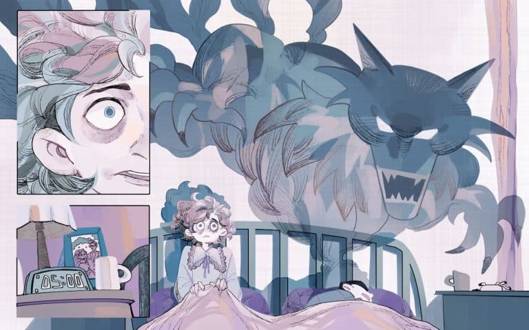 Junyu Lin is raising awareness about Domestic Violence in a Powerful Picture Book A girl sitting up in bed looking scared with a giant, fierce, cartoonish wolf emerging from clouds in the background.