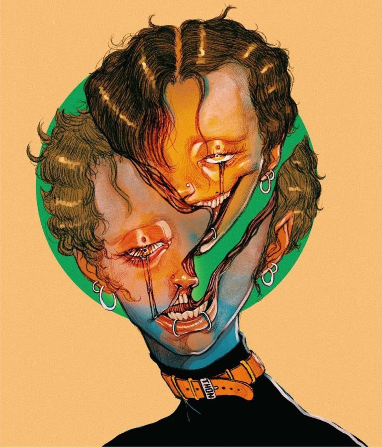 Thon Illustrates Gothic And Punk Surrealism Portraits Vibrant digital artwork of a smiling person with multiple faces and piercing details.