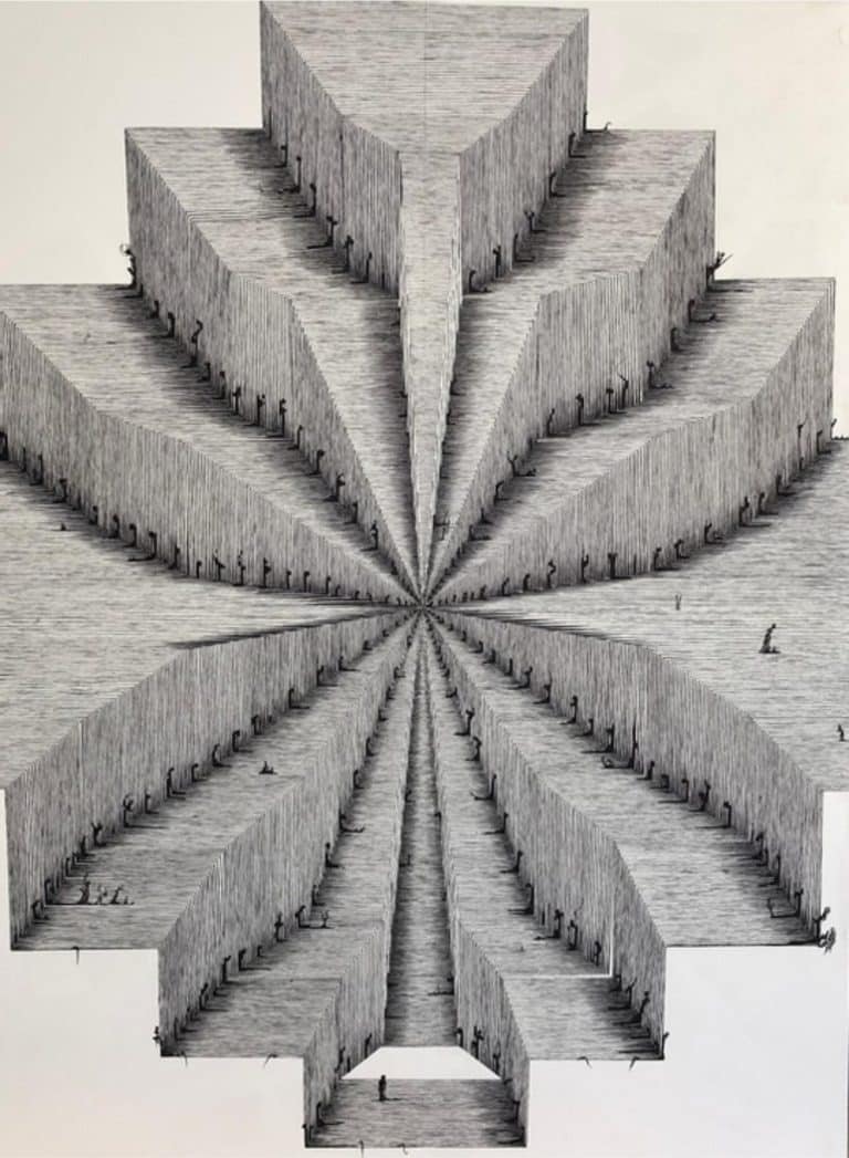 Tim Maxwell Skillfully Forms Labyrinths Of Lines By Hand Endless wooden sculptures with people walking, creating an optical illusion and mesmerizing geometric pattern.