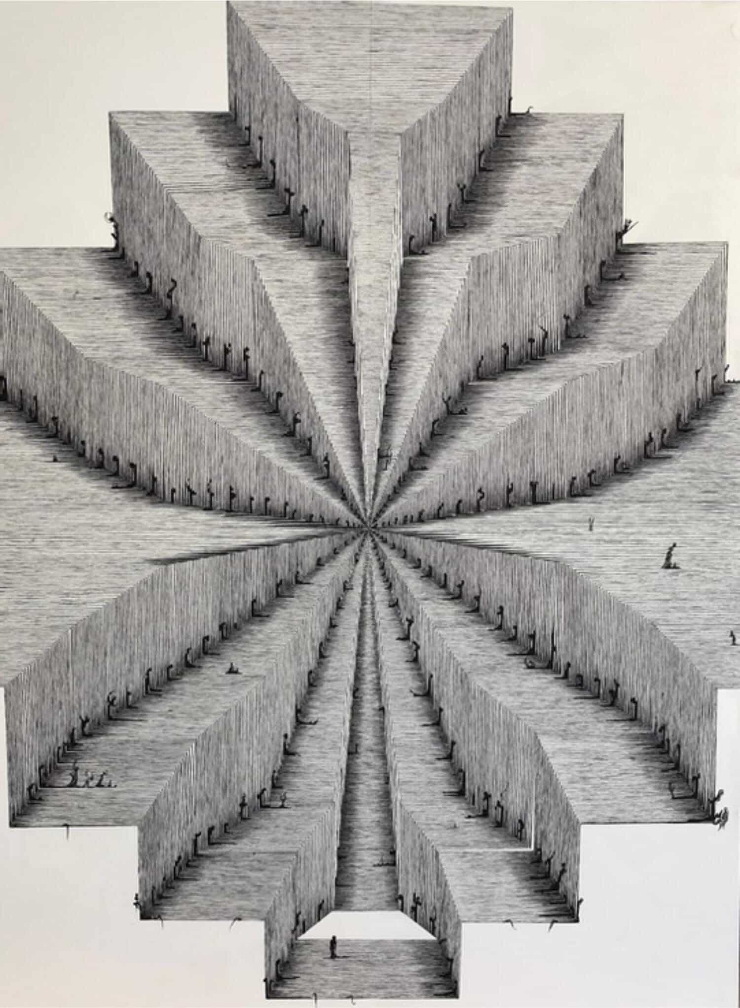 Endless wooden sculptures with people walking, creating an optical illusion and mesmerizing geometric pattern.