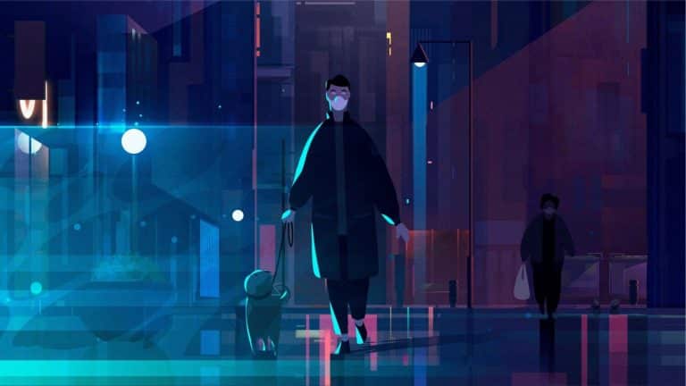 User T38 Animates BBVA Advertising Campaign Stylish digital illustration of a woman walking her dog in a neon-lit urban night scene.