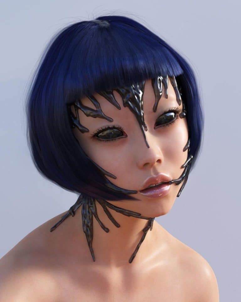Hardmetacore Creates Bold And Beautiful CGI And 3D Renderings Black hair with glossy, futuristic makeup and dark, abstract facial adornments.