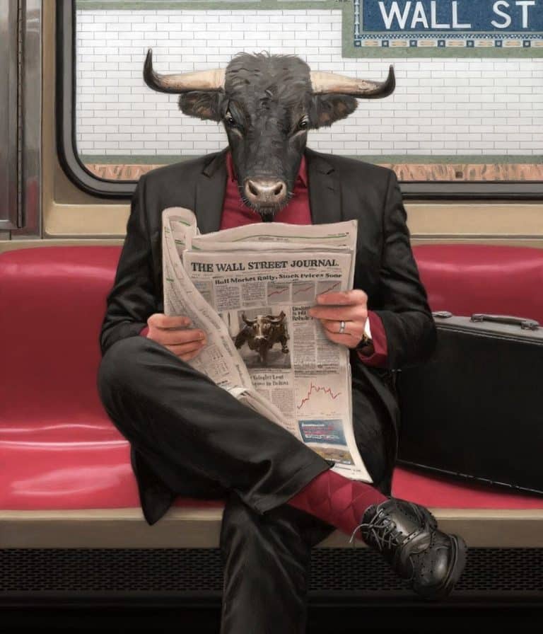 Matthew Grabelsky Gives Animals Life In Beautiful Oil Paintings Bull-headed businessman reading Wall Street Journal on subway.