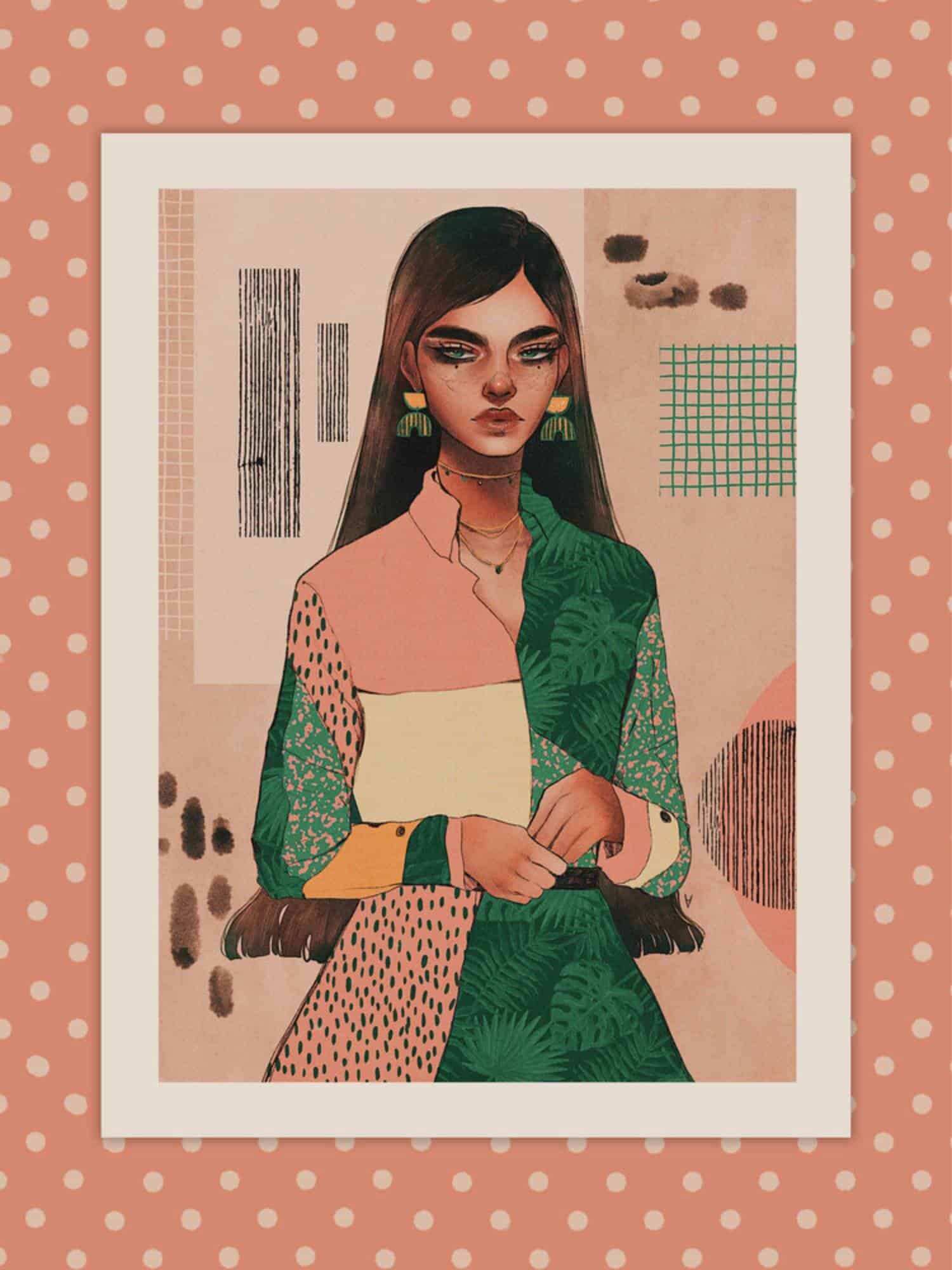 Stylish illustrated woman with tropical green leafy patterns on her clothing and modern accessories.