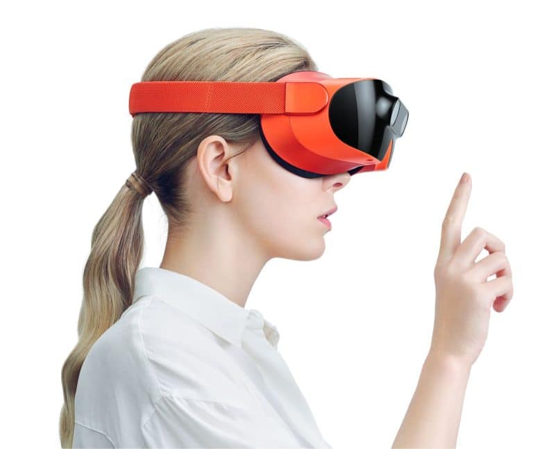 Virtual reality headset woman using VR device for immersive technology experience.