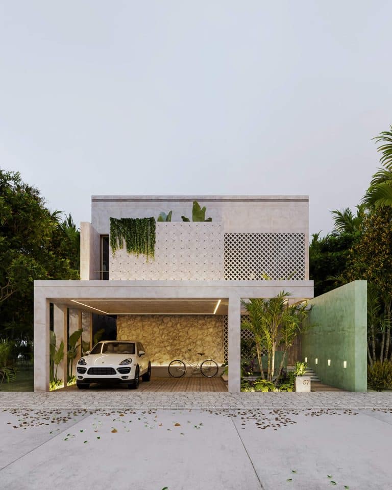 Casa Canamayté: A Fusion of Yucatecan Culture and Contemporary Design Sleek modern house with minimalist architecture, outdoor garage, and lush greenery.
