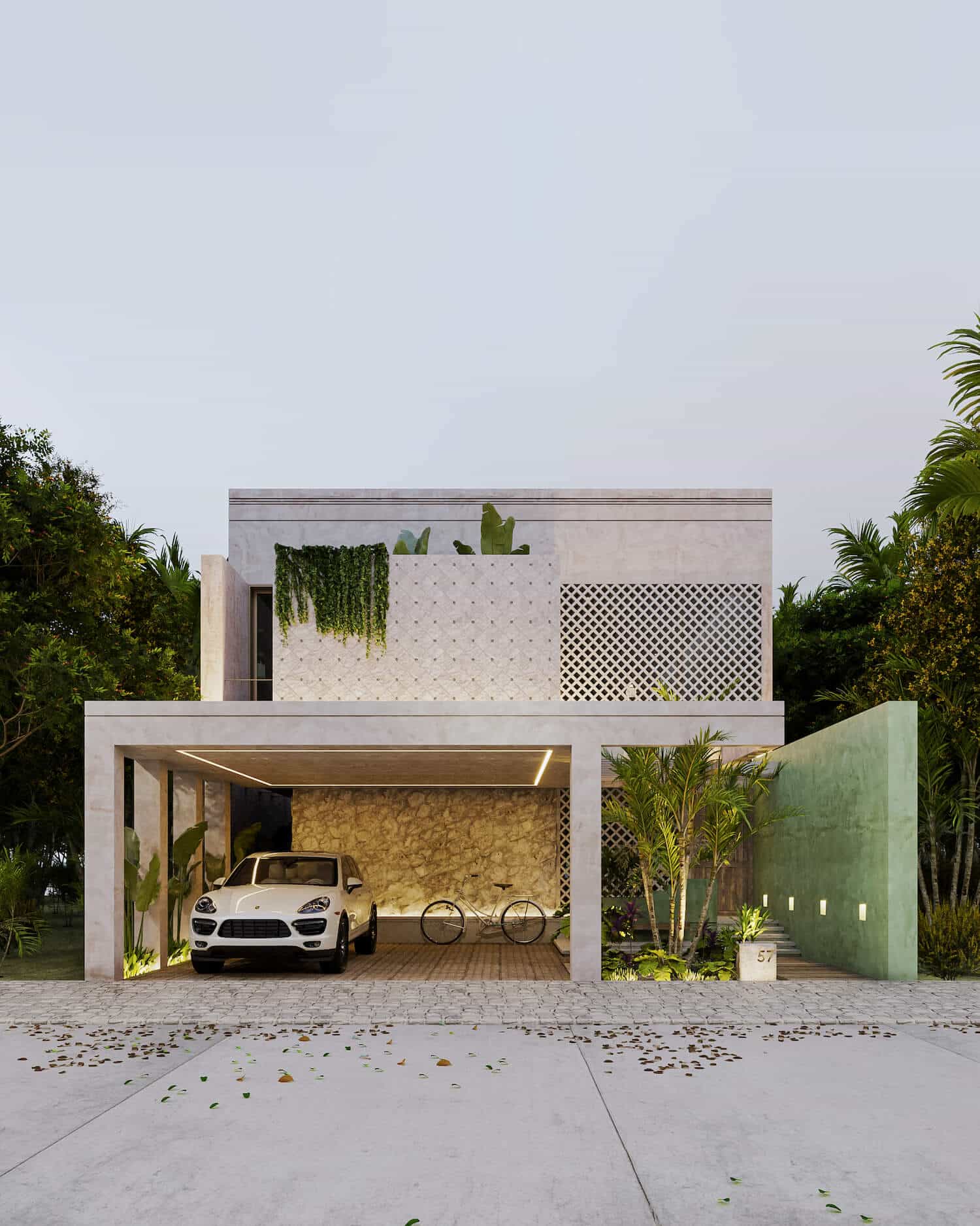 Sleek modern house with minimalist architecture, outdoor garage, and lush greenery.