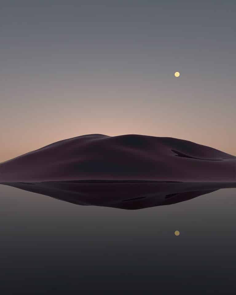 The Creative Duo Of Studio MUE Craft Visions For The Dreamer Dark abstract sculpture resembling a whale with calm water reflection, under a clear moonlit sky.