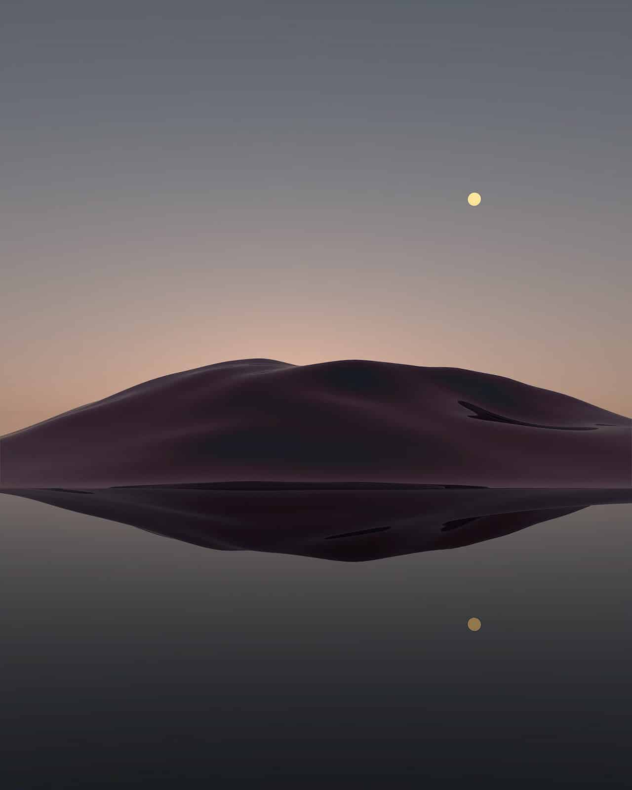 Dark abstract sculpture resembling a whale with calm water reflection, under a clear moonlit sky.