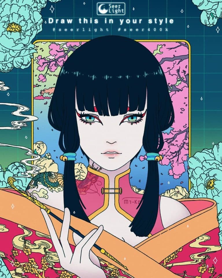 Ronald Kuang Dives Into Immersive Digital Anime Illustrations Vibrant anime-style illustration of a woman with black hair and traditional Japanese clothing, holding a sword.