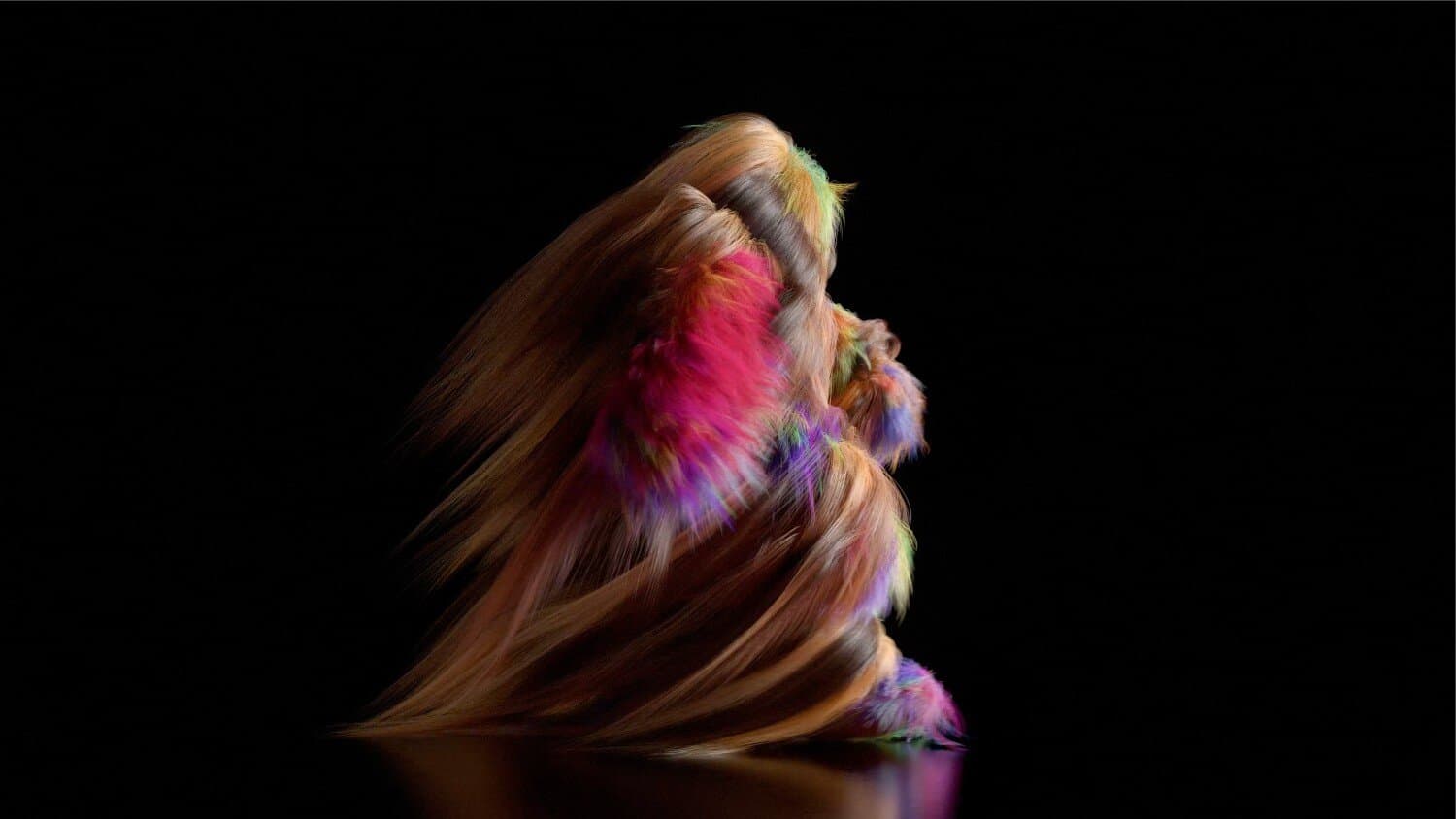 Vibrant abstract hair sculpture with colorful patterns on a black background.