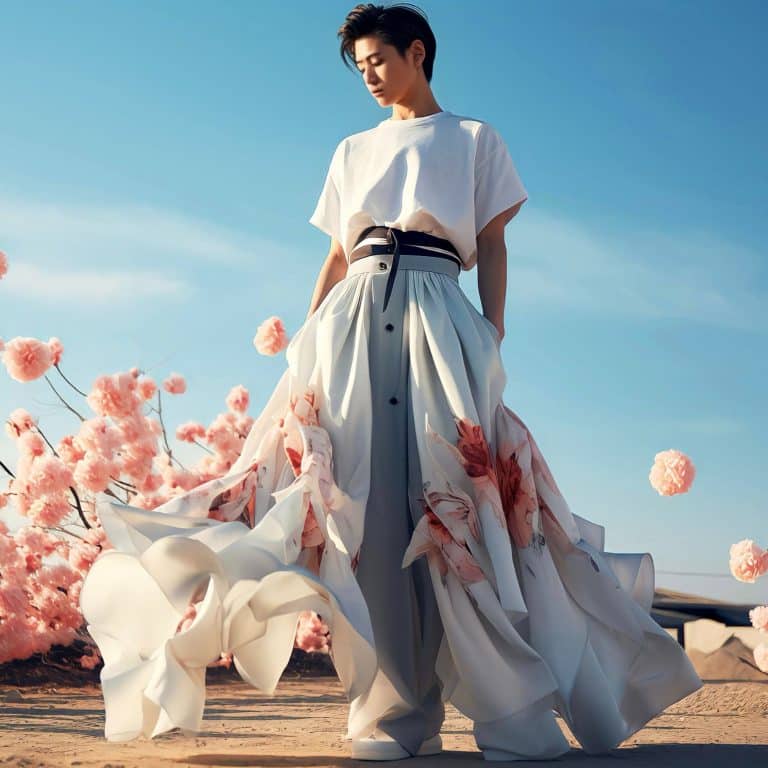 ATTD.: Blending Temporal Distinction in Avant-Garde Fashion Elegant fashion model in flowing floral skirt and casual top, outdoors with pink cherry blossoms and clear blue sky.