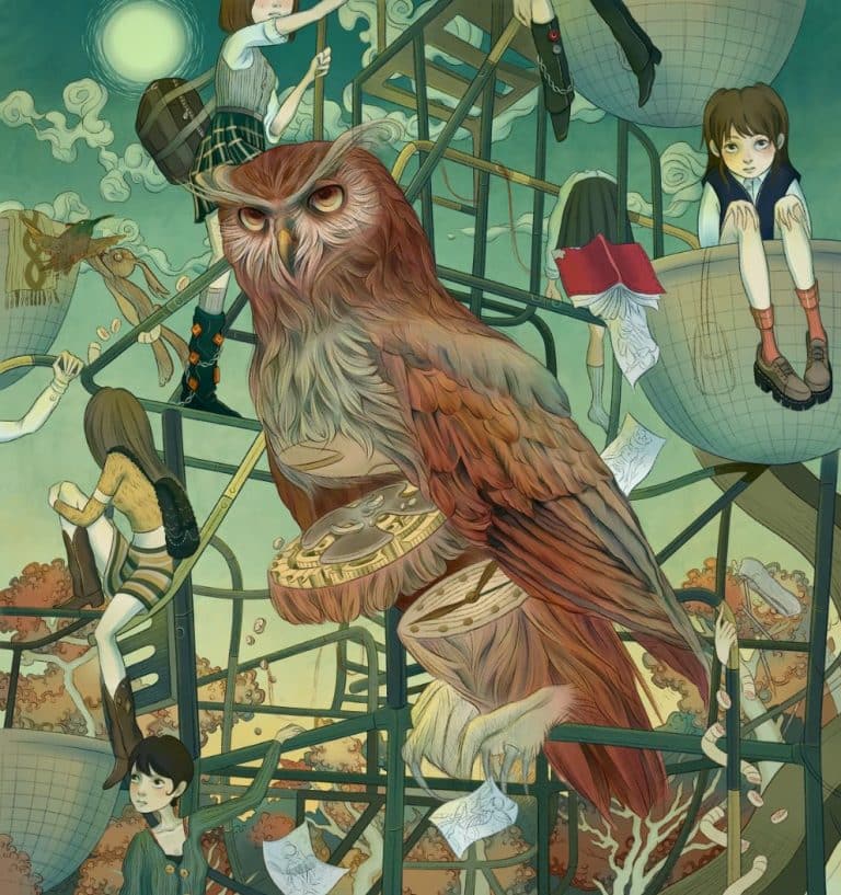 Chloe Chen's 'NOWHERE' Captures Visually the Complexity of Growth Colorful fantasy illustration of children interacting with a giant magical owl in a whimsical, surreal environment. Perfect for imaginative and artistic SEO.