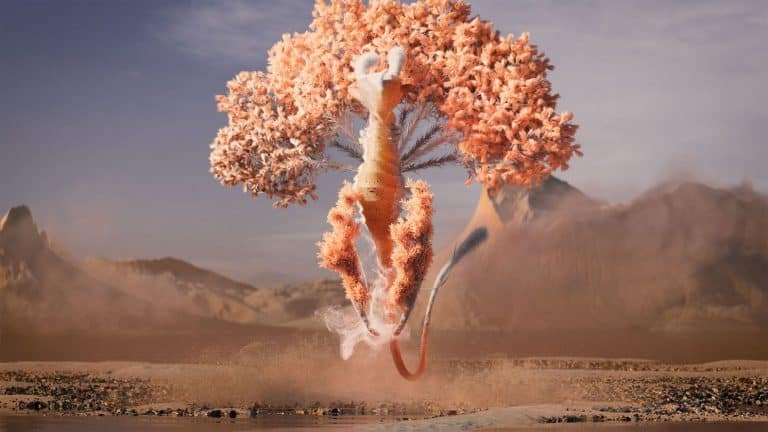 Birth: A visual ode to the magic of new life by Nejc Polovsak Ethereal desert landscape with a surreal, floating tree with pink foliage and a creature resembling a fox jumping.