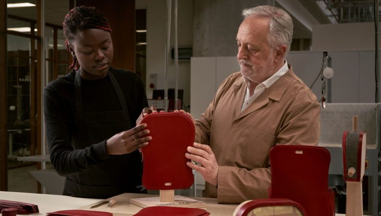 Bottega Veneta's Commitment to Craftsmanship: Accademia Labor et Ingenium Red leather bag, workshop, craftsmanship, designer bag, high-quality materials.