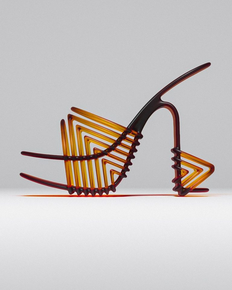 An exclusive interview with Constantinos Panayiotou on the Future of Creativity Neon high heel shoe sculpture with modern design, vibrant orange and red glowing lines, minimalist white background, creative lighting.