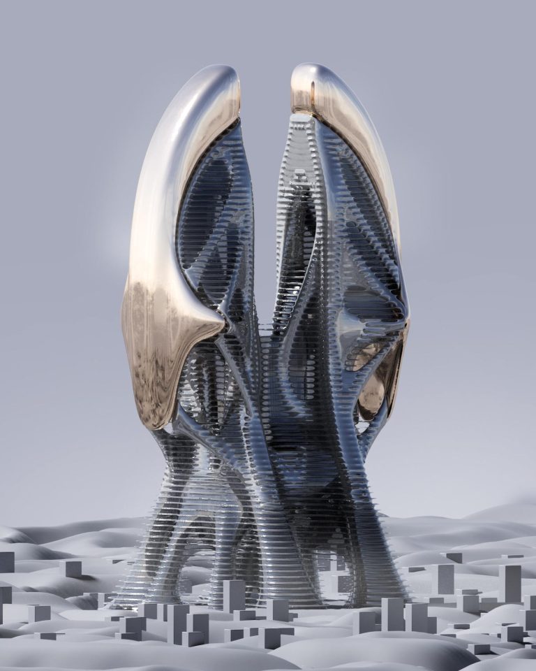 An interview with Andreas Palfinger on crafting visionary and parametric realities Futuristic metallic sculpture resembling a blooming flower with intricate layered design.