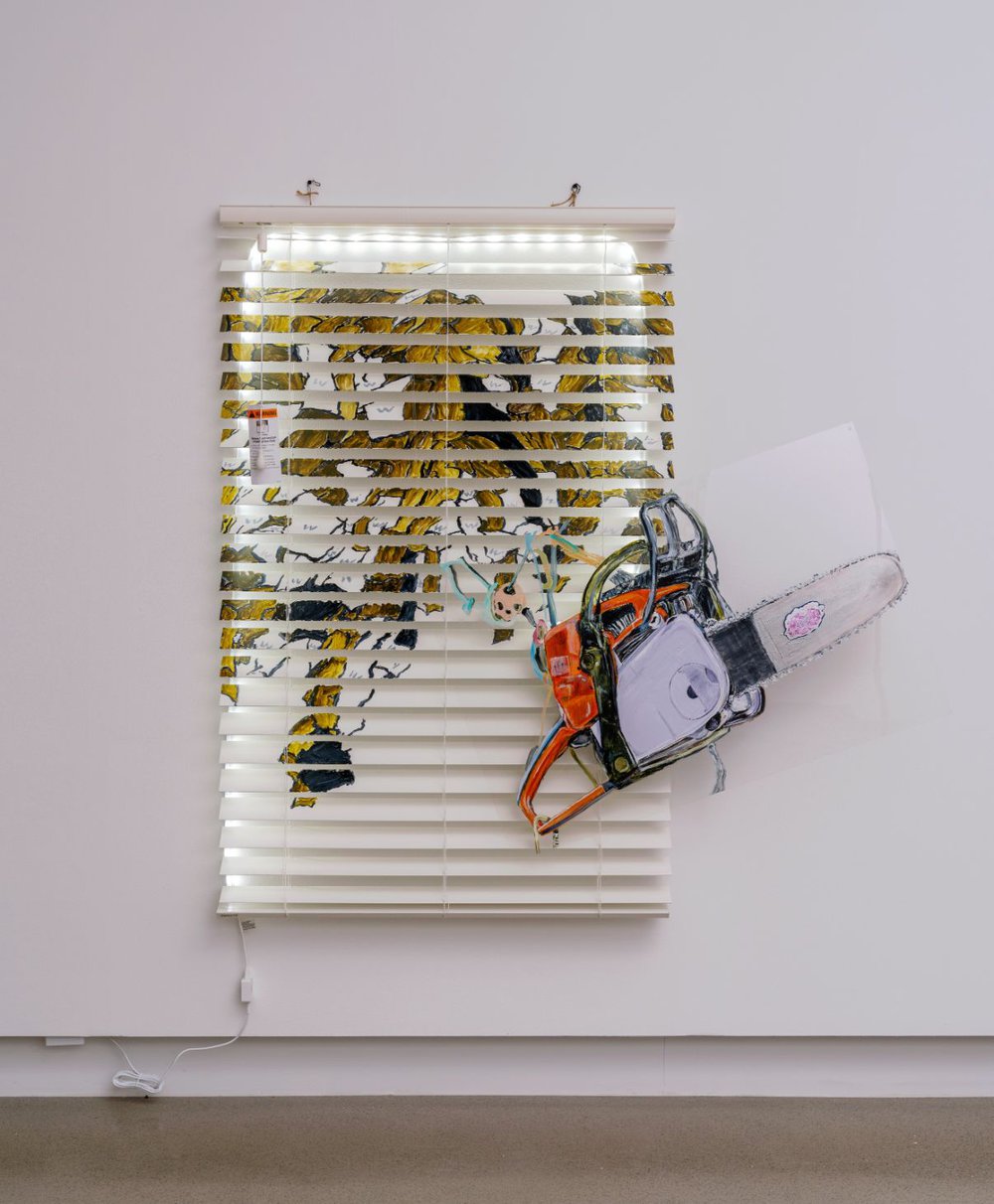 Colorful chainsaw and chainsaw illustration mixed with window blinds artwork in contemporary art installation.
