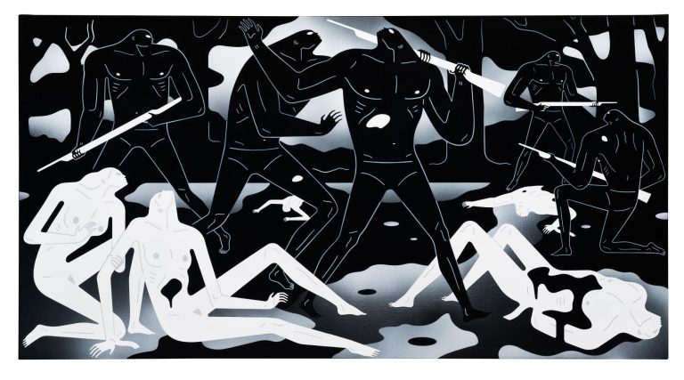 An interview with Cleon Peterson on his memorable art exploring power dynamics in contemporary society Ethereal black and white digital artwork inspired by "The Rape of the Sabine Women" by Giambologna, showcasing classical mythological themes with dynamic human forms.