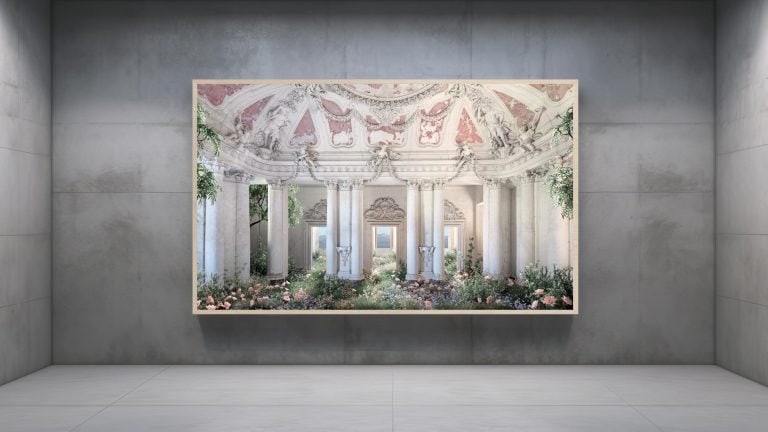 Resurrecting Time: 'The Thought of You' Unveils a Mesmerizing Architectural Odyssey Elegant classical architecture with lush floral garden and intricate ceiling designs.