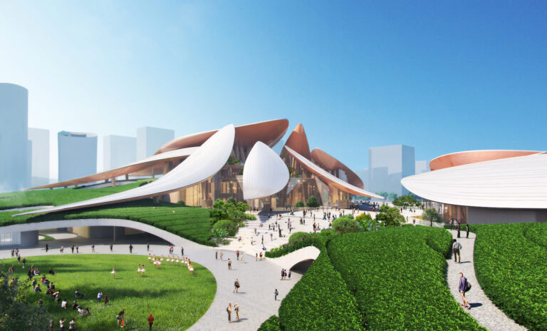 Anji Culture and Art Center curved white roofs blending into green hills by MAD Architects