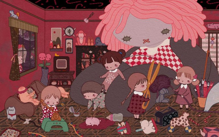 Whimsical Narratives and Cultural Explorations: The Unique Artistry of Sewing Feng Colorful doll illustration with children playing in a cozy, cluttered room.