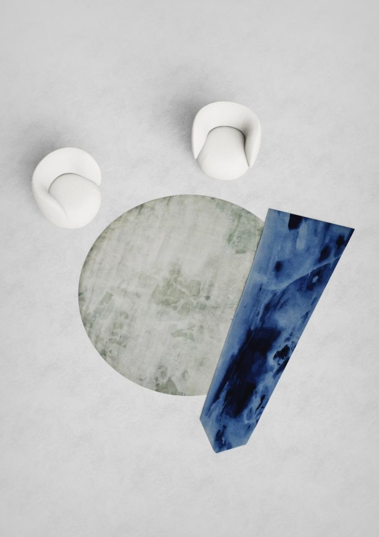 Gem Rug Collection by Alain Gilles is A Fusion of Nature's Allure and Artistic Craftsmanship Minimalist white chairs with abstract art and textured surfaces in a modern interior setting.