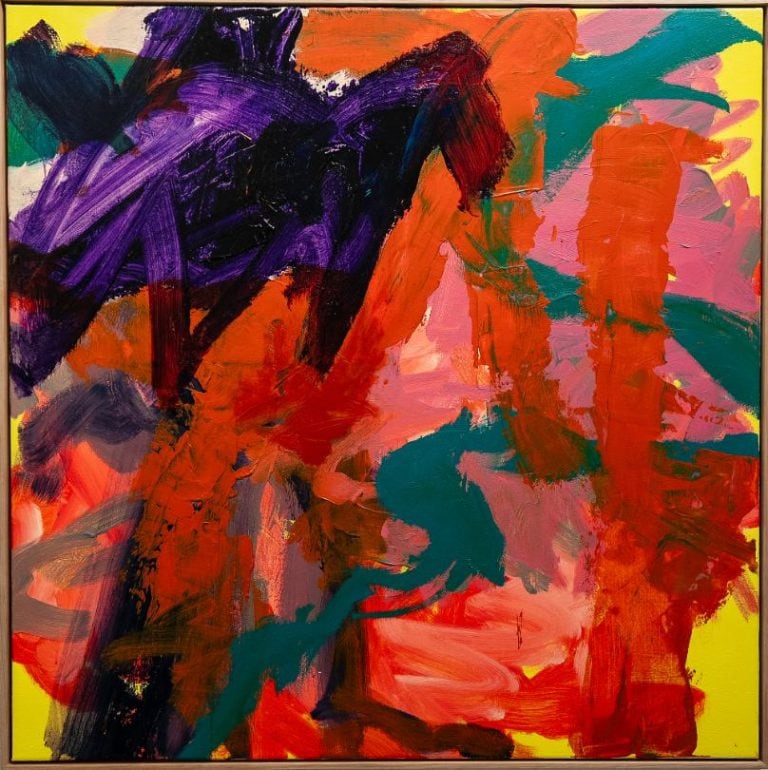 Manifestation: Anthony White's Solo Exhibition Unveiled at Lennox St. Gallery Vibrant abstract expressionism painting with bold colors and dynamic brushstrokes.