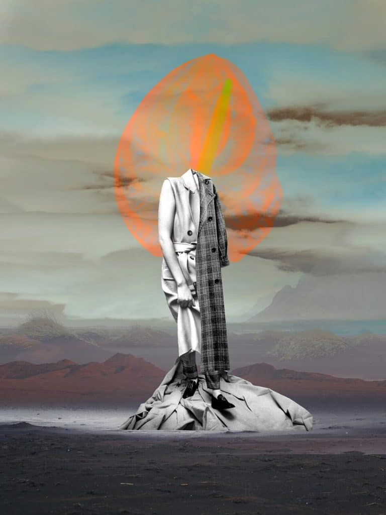 Jia Hao is capturing the Extraordinary Essence of Everyday Life in 'Space Refugee' Headless fashion model collage with clothing and landscape background featuring mountains and clouds.