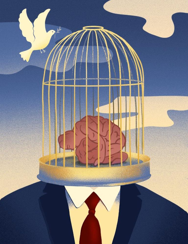 An Interview with Eden Gutstein, Illustrator, Tattoo Artist, and Poetic Visionary Brain in birdcage representing mental freedom or confinement, surreal art for psychological concepts.