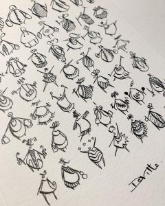 Whimsical fashion sketches of diverse dress designs and accessories in black ink on white paper.