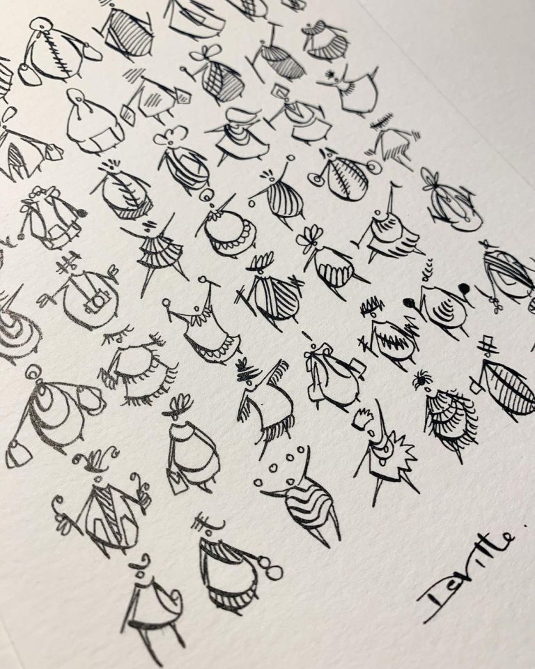 An Interview with Deville on Redefining Realism with Playful Perspectives Whimsical fashion sketches of diverse dress designs and accessories in black ink on white paper.