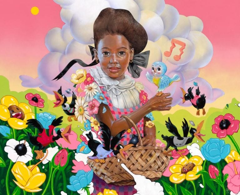 An Exclusive Interview with Kayla Mahaffey, the Artist Behind KaylaMay's Whimsical Realities Colorful fantasy illustration of a woman with a basket of flowers and animated birds, vibrant spring garden scene.