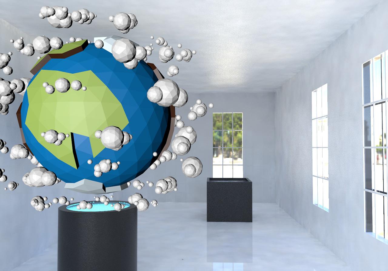 Globally-themed digital art of Earth with floating molecules in an art gallery setting.