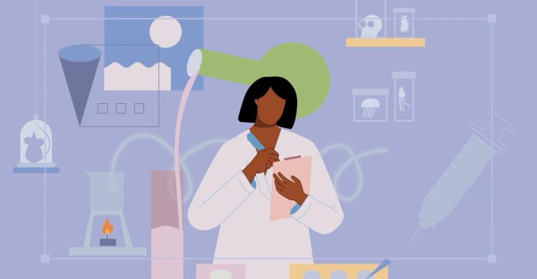 'Slashie': A mesmerizing 2D illustration masterpiece by Yuqun Huang Microscope and laboratory scientist working in a scientific research lab environment.