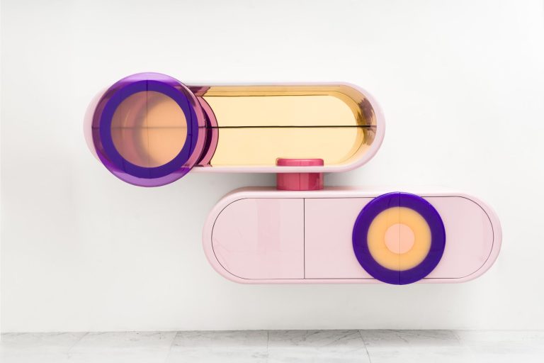 Solar Sailer collection embodies the Cosmic Creativity of Djivan Schapira Vibrant abstract modern artwork with geometric shapes in pink, purple, and gold colors.