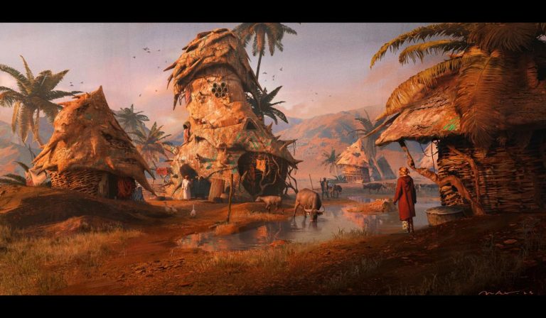 Chong Liu's Captivating Visualisation of Sub-Saharan Rural Architecture Ancient village scene with thatched huts, animals, and villagers amid lush palm trees at sunset.