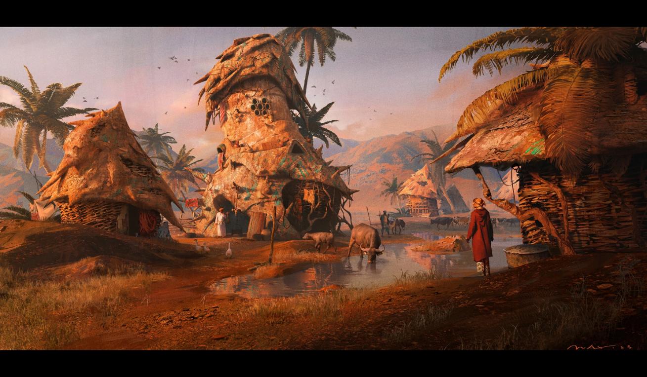 Ancient village scene with thatched huts, animals, and villagers amid lush palm trees at sunset.
