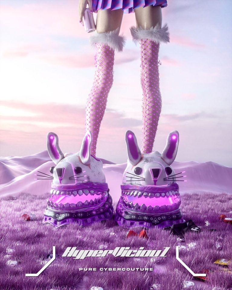 Step into the future with HyperViciouZ - a revolutionary digital sneaker collection Pink and white robotic bunny shoes with glowing details and fishnet stockings in a surreal landscape, promoting Hyper-Vizion cybercouture fashion.