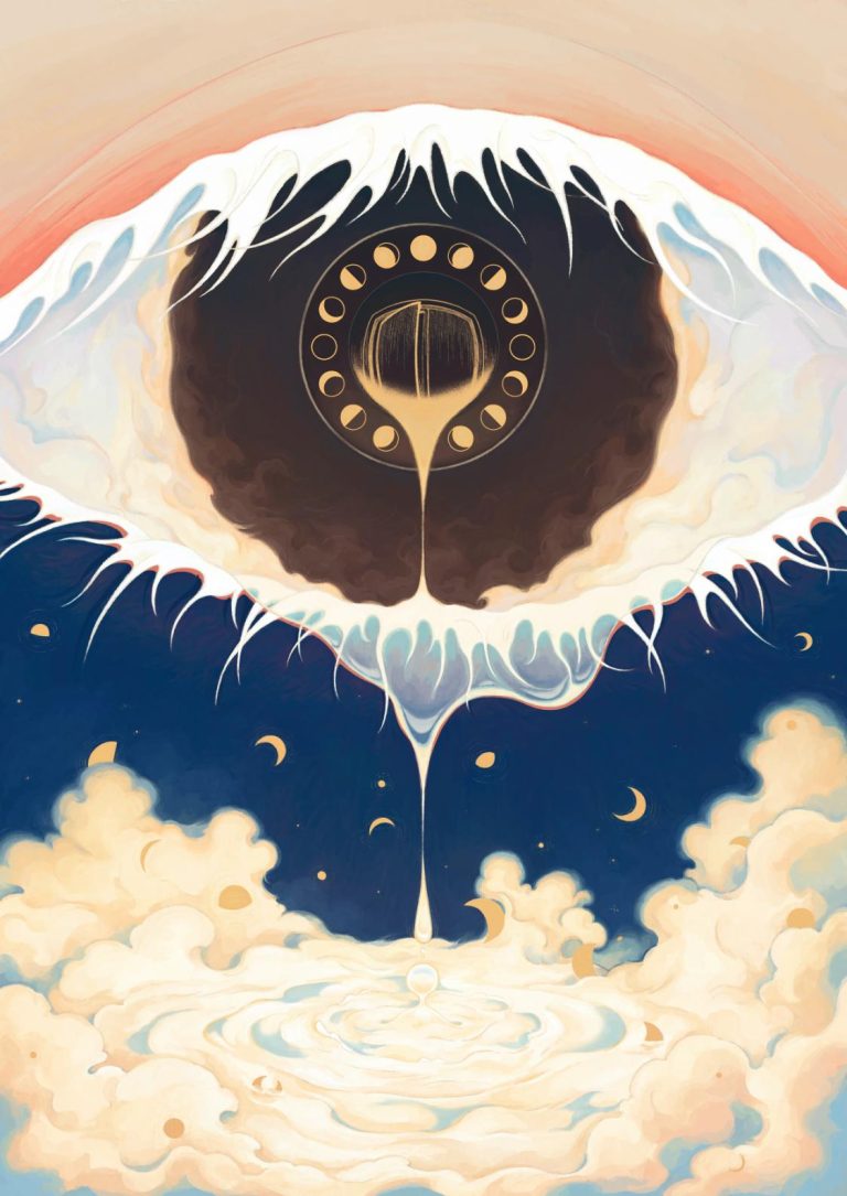 Yueming Li is Illuminating Cultural Narratives Through Fascinating "Endless Moonlight" Aerial view of a surreal eye with a phone dial and cosmic clouds in warm pastel tones.