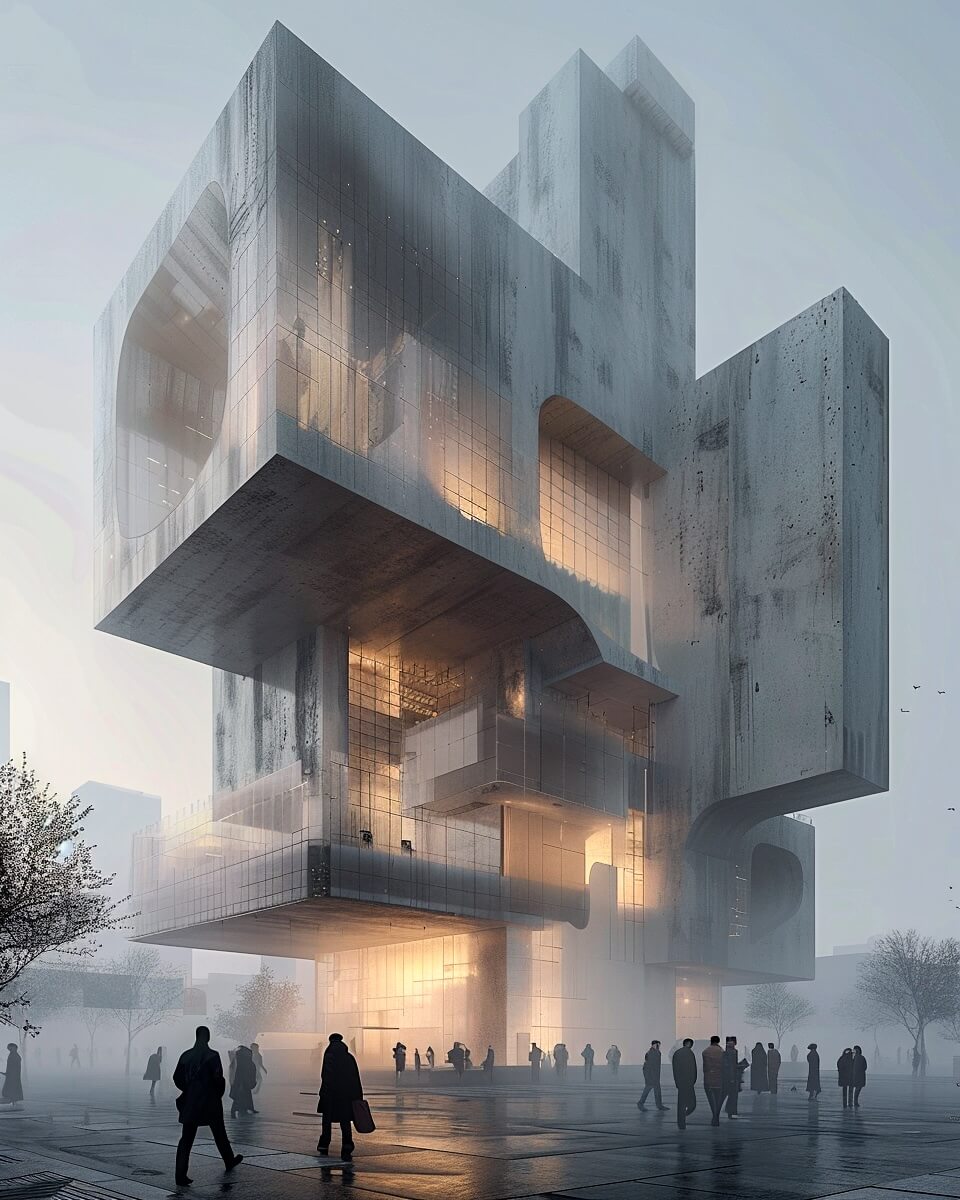 Futuristic modern building with glass facade and unique architectural design.