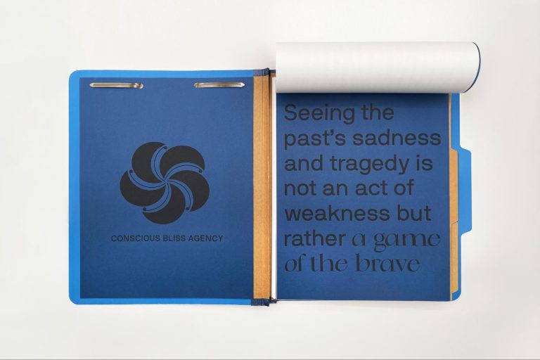 Yu Chen's Profound Narrative Through Design and Metaphor Bold blue binder with motivational quote and agency logo on white background.