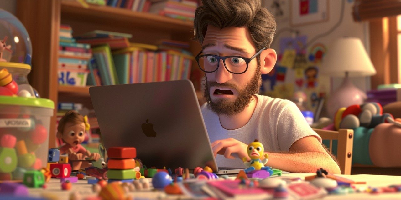 Disappointed man with glasses working on laptop surrounded by colorful toys and books in a child's playroom.