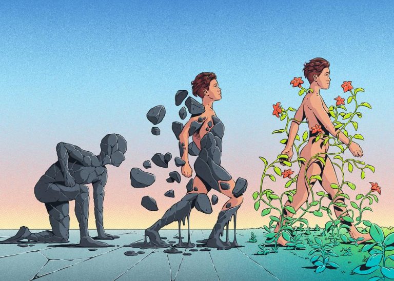 Andreu Zaragoza is combining tradition and digital in dynamic illustrations Evolving human figures made of stones and plants, illustrating growth and transformation, digital art, modern, creative, genetic evolution, organic development.