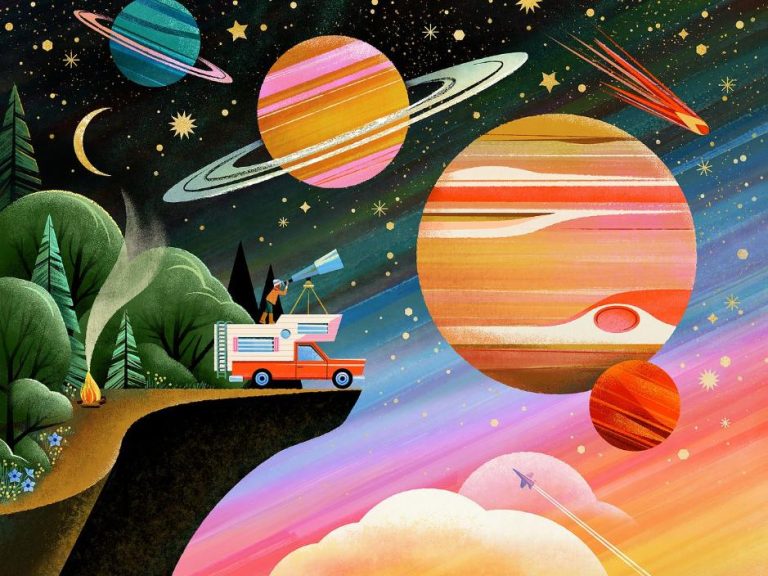 Laura Moyer's Nature-Inspired Vibrant Illustrations Colorful space illustration with planets and a scientist using a telescope from a mobile lab.